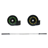 set of 10/15kg bumper plates + 20kg barbell